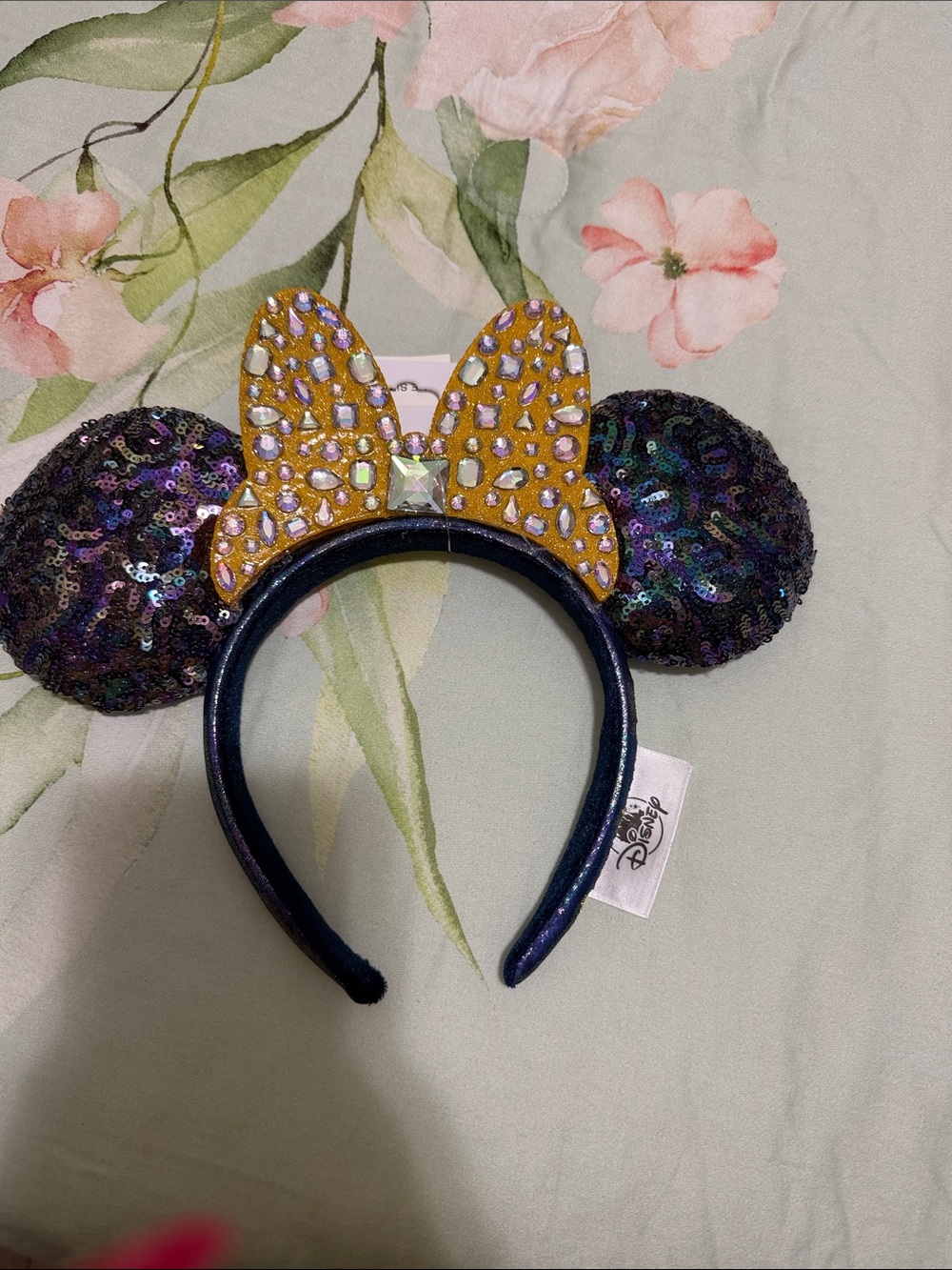 Disney Iridescent Sequin Minnie Ears Headband with Gold Jeweled Bow
